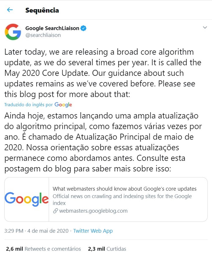 Tweet da Google SearchLiaison sobre a atualização dos algoritmos do Google